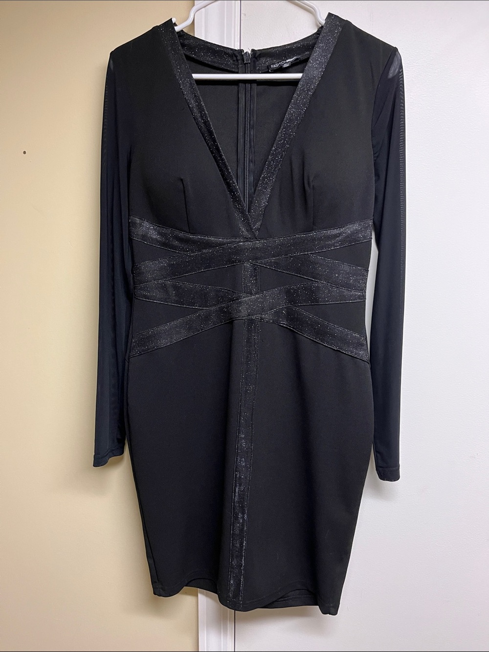 Elegant Black Long Sheer Sleeve V-Neck Dress with Shimmer Waist Detail Worn Once